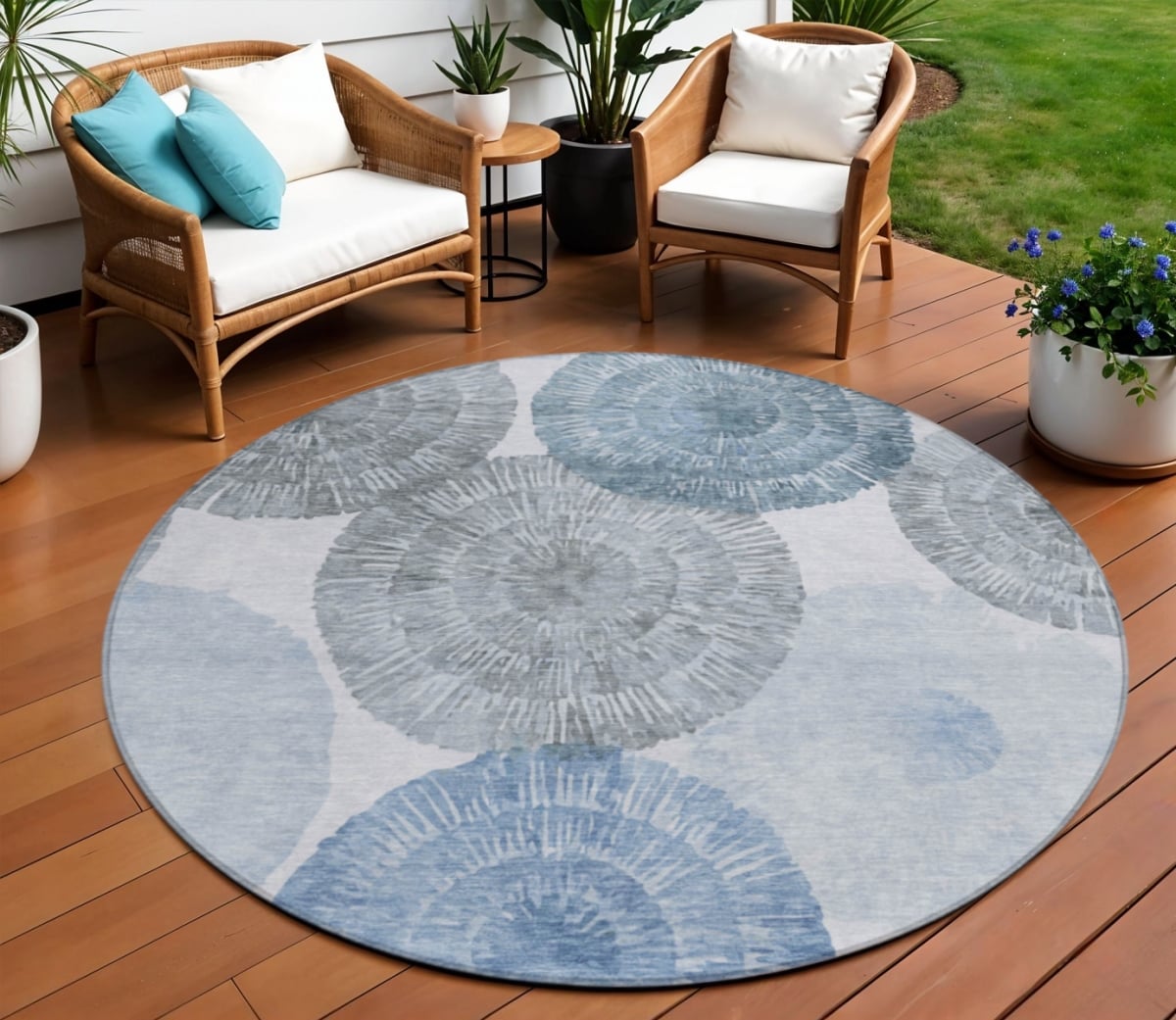 660999 8 ft. Denim Blue, Ivory & Gray Abstract Washable Transitional Indoor & Outdoor Round Area Rug