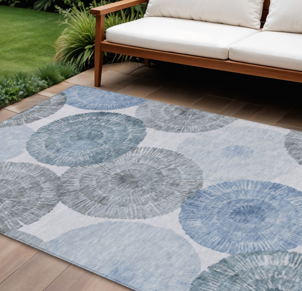 661002 10 x 14 ft. Denim Blue, Ivory & Gray Abstract Washable Transitional Indoor & Outdoor Rectangle Area Rug