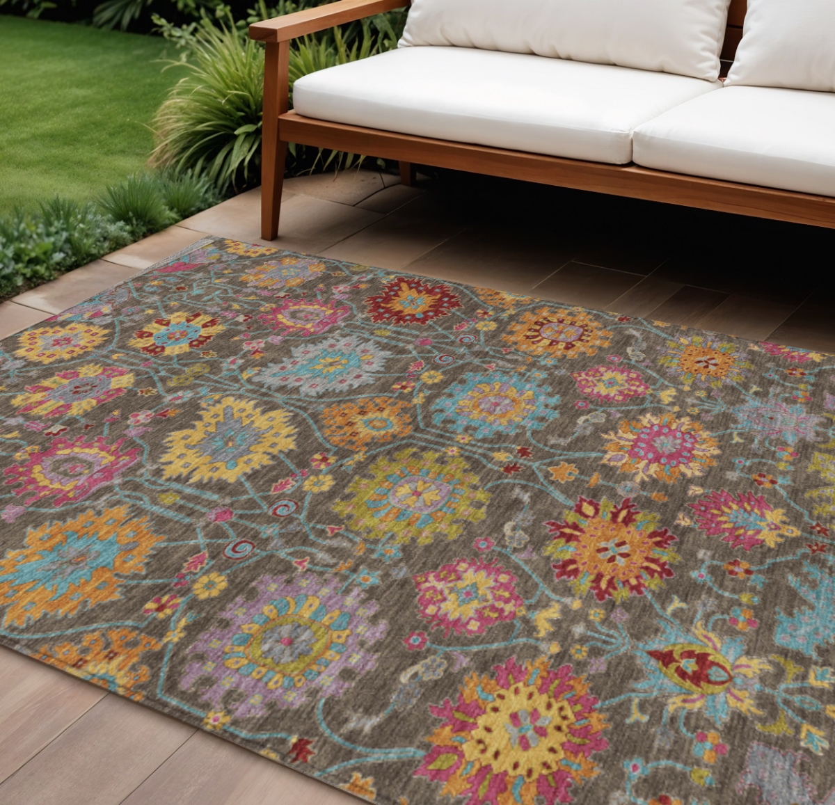 657821 9 x 12 ft. Chocolate Gold & Pink Damask Washable Transitional Indoor & Outdoor Rectangle Area Rug