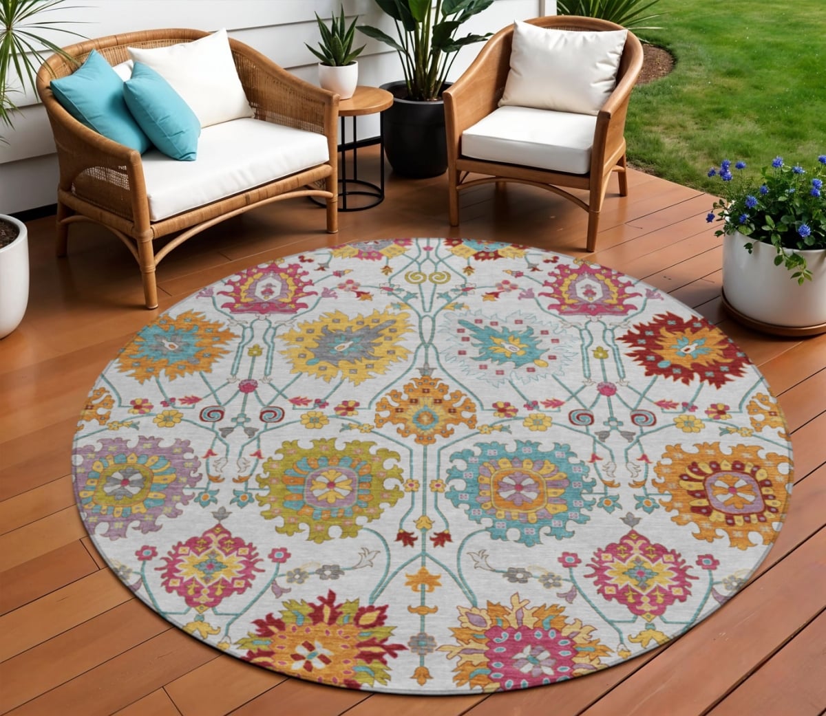 657831 8 ft. Ivory Gold & Pink Damask Washable Transitional Indoor & Outdoor Round Area Rug