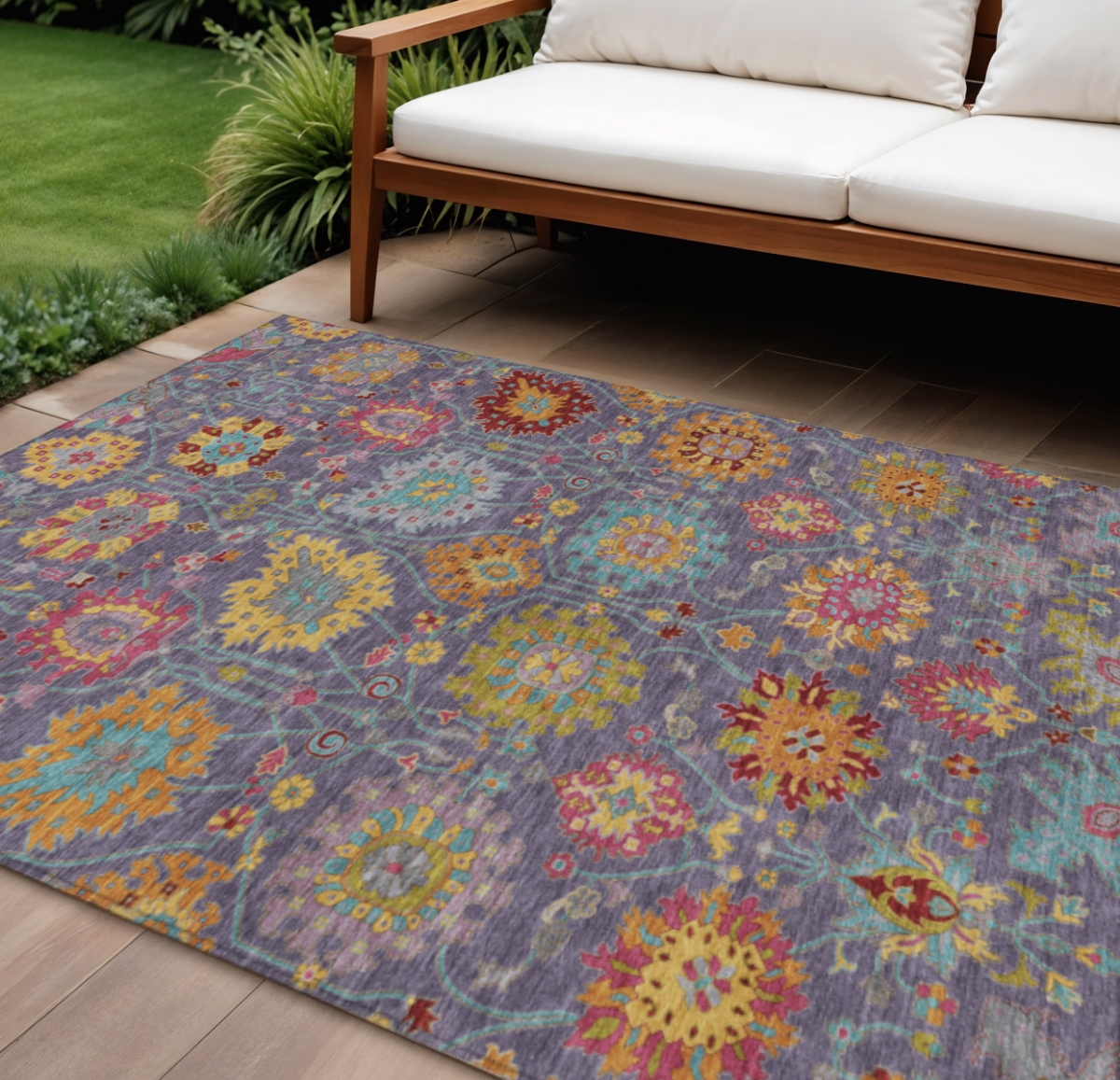 657852 10 x 14 ft. Purple Gold & Pink Damask Washable Transitional Indoor & Outdoor Rectangle Area Rug