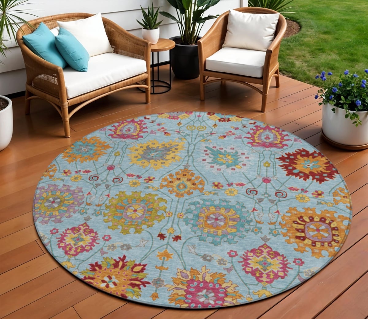 657855 8 ft. Sky Blue Gold & Pink Damask Washable Transitional Indoor & Outdoor Round Area Rug