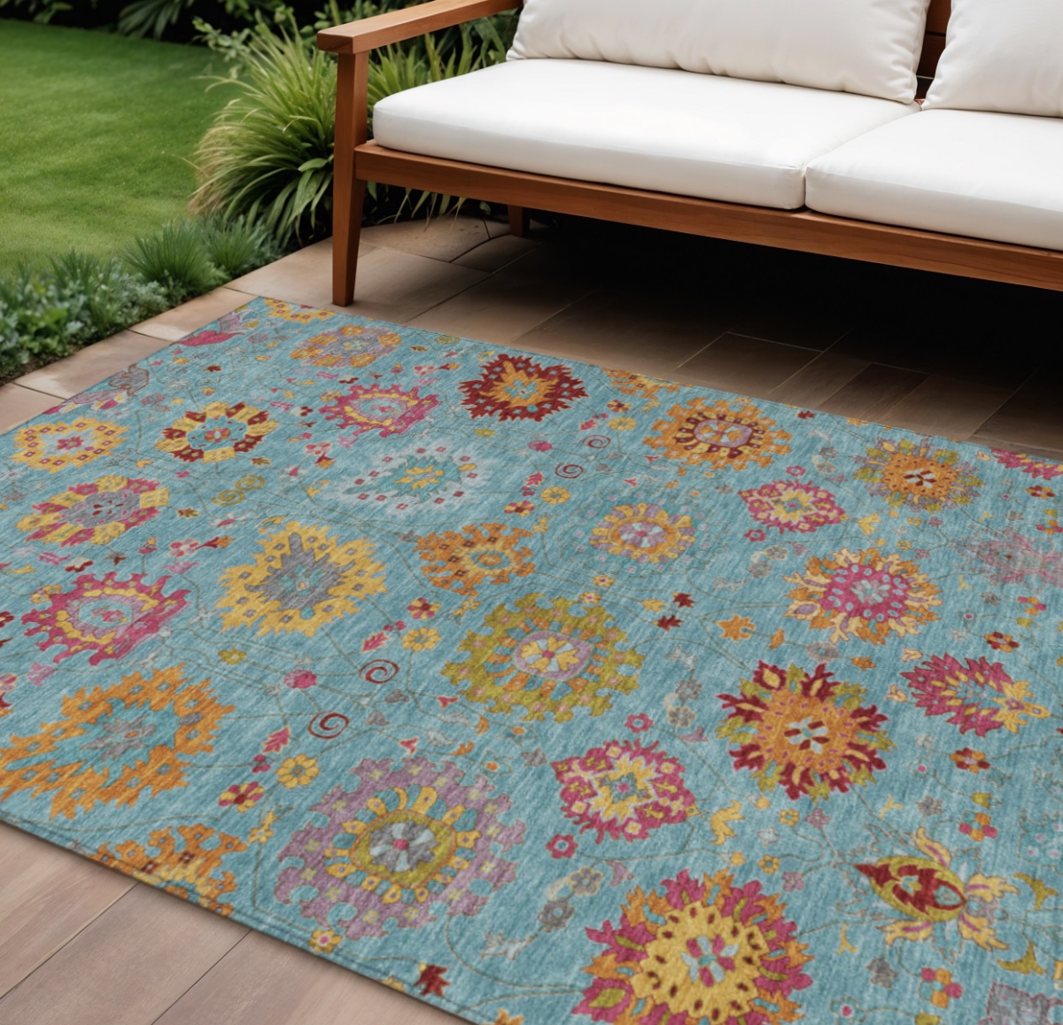 657864 10 x 14 ft. Teal Blue Gold & Pink Damask Washable Transitional Indoor & Outdoor Rectangle Area Rug