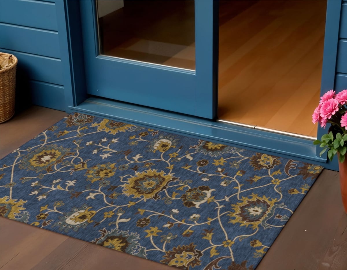 657937 3 x 5 ft. Navy Blue Gold & Brown Floral Washable Traditional Indoor & Outdoor Rectangle Area Rug