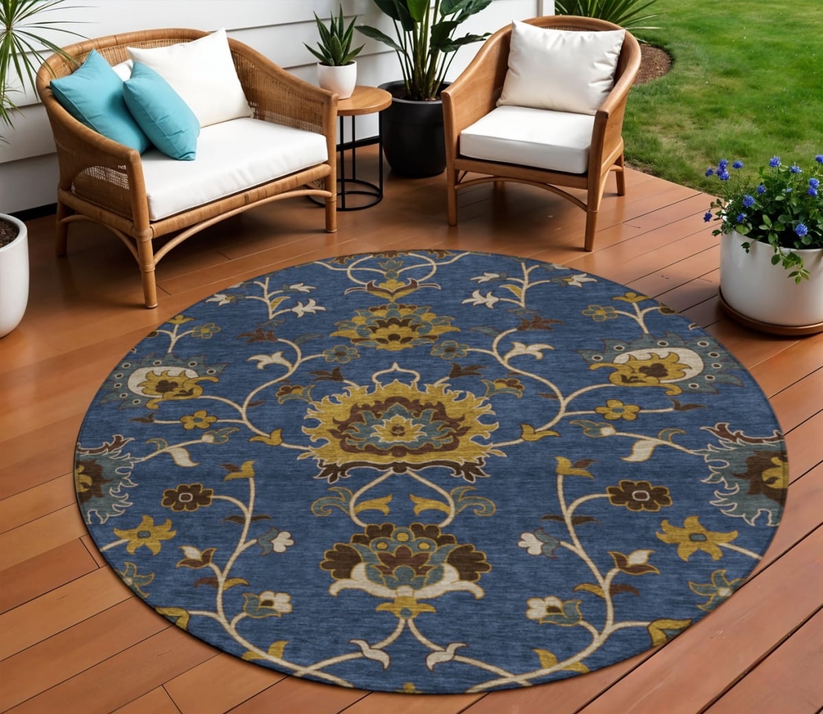 657939 8 ft. Navy Blue Gold & Brown Floral Washable Traditional Indoor & Outdoor Round Area Rug