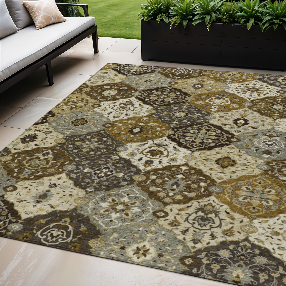 657998 5 x 8 ft. Brown, Gray & Gold Floral Medallion Washable Transitional Indoor & Outdoor Rectangle Area Rug