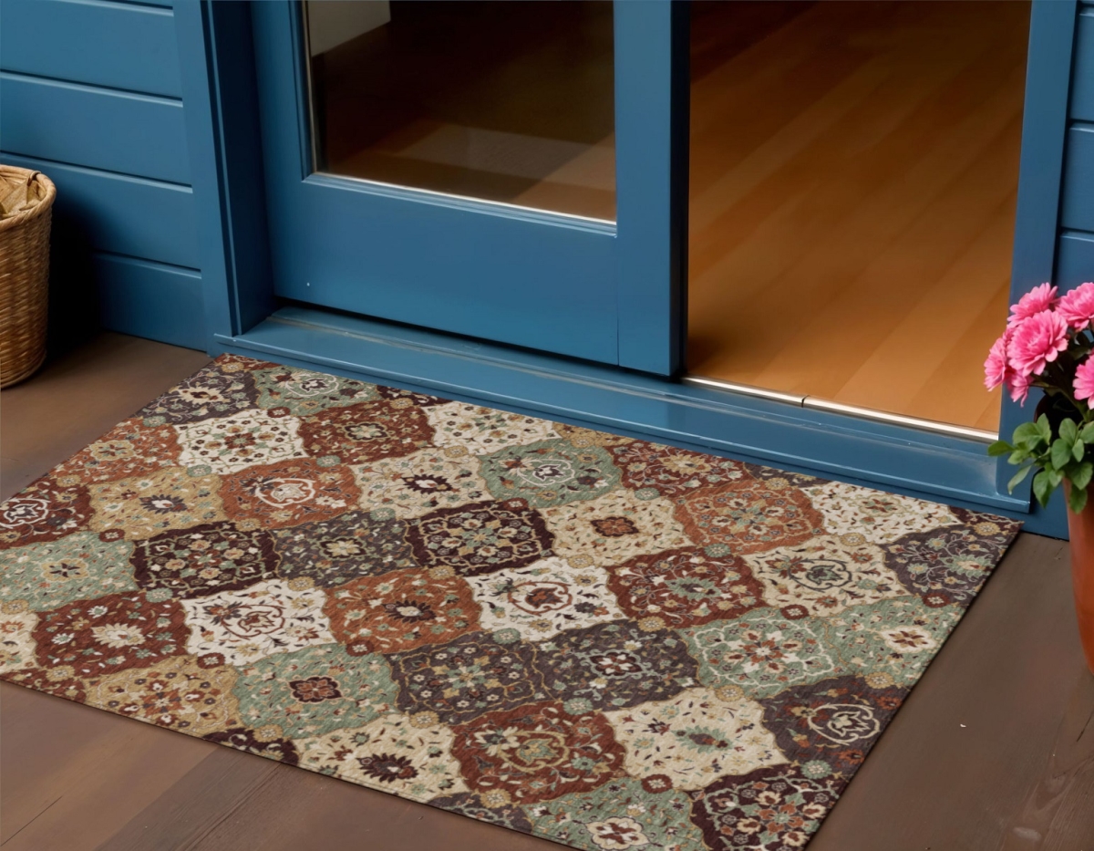 658021 3 x 5 ft. Chili Red Beige & Copper Floral Medallion Washable Transitional Indoor & Outdoor Rectangle Area Rug