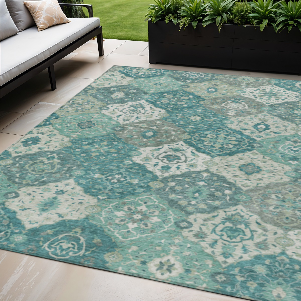 658034 5 x 8 ft. Teal, Blue & Ivory Floral Medallion Washable Transitional Indoor & Outdoor Rectangle Area Rug