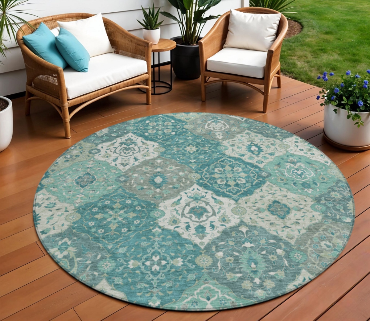 658035 8 ft. Teal, Blue & Ivory Floral Medallion Washable Transitional Indoor & Outdoor Round Area Rug