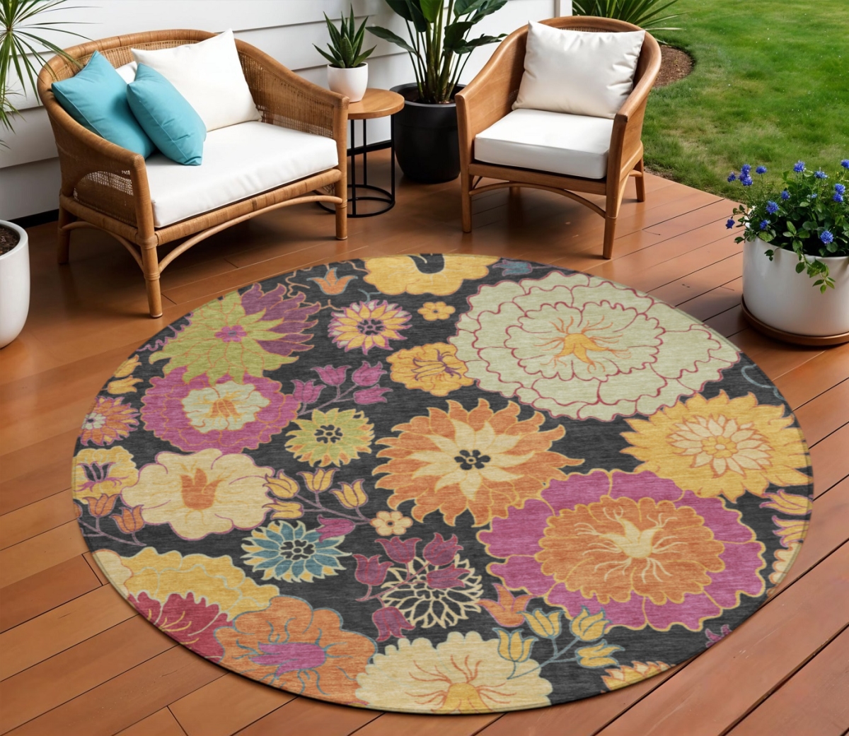658047 8 ft. Black Gold & Pink Floral Washable Transitional Indoor & Outdoor Round Area Rug