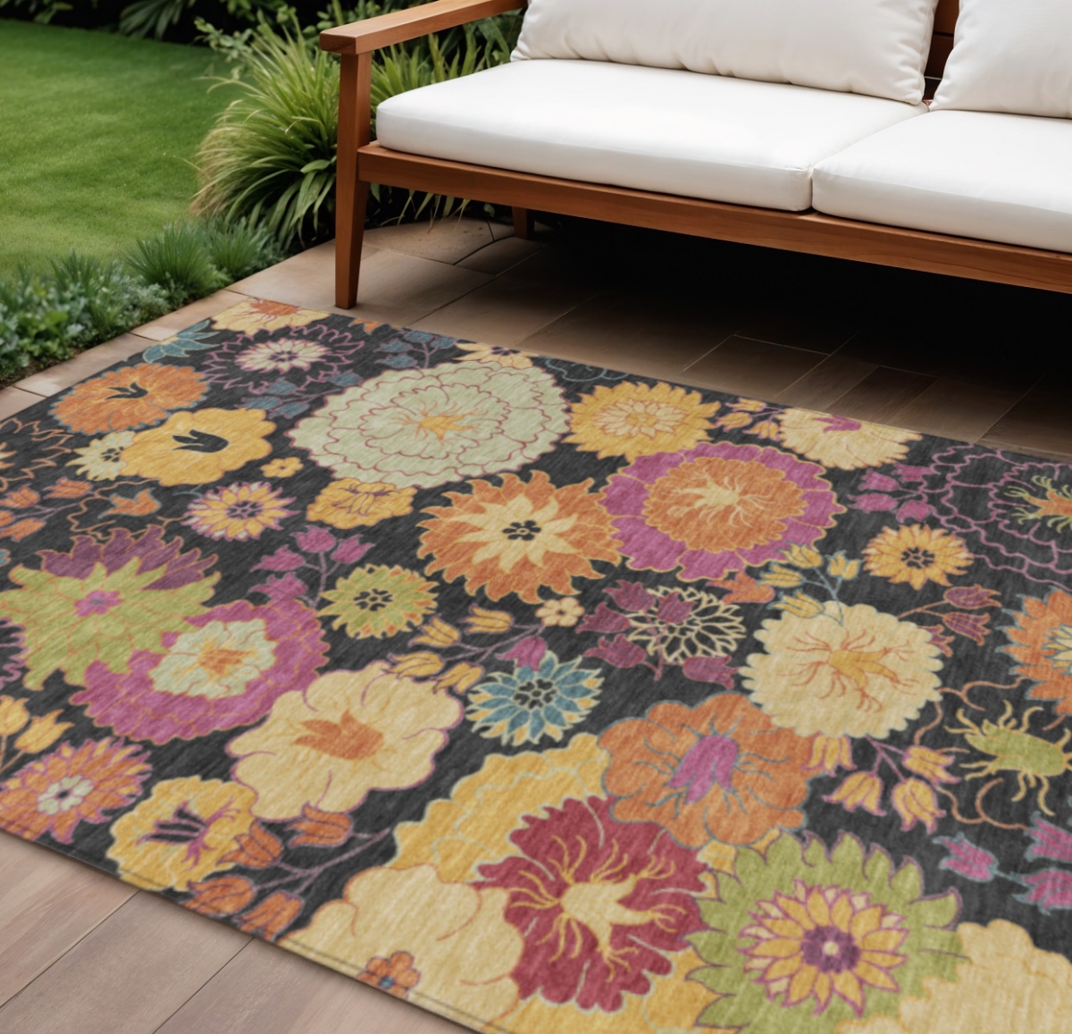 658050 10 x 14 ft. Black Gold & Pink Floral Washable Transitional Indoor & Outdoor Rectangle Area Rug