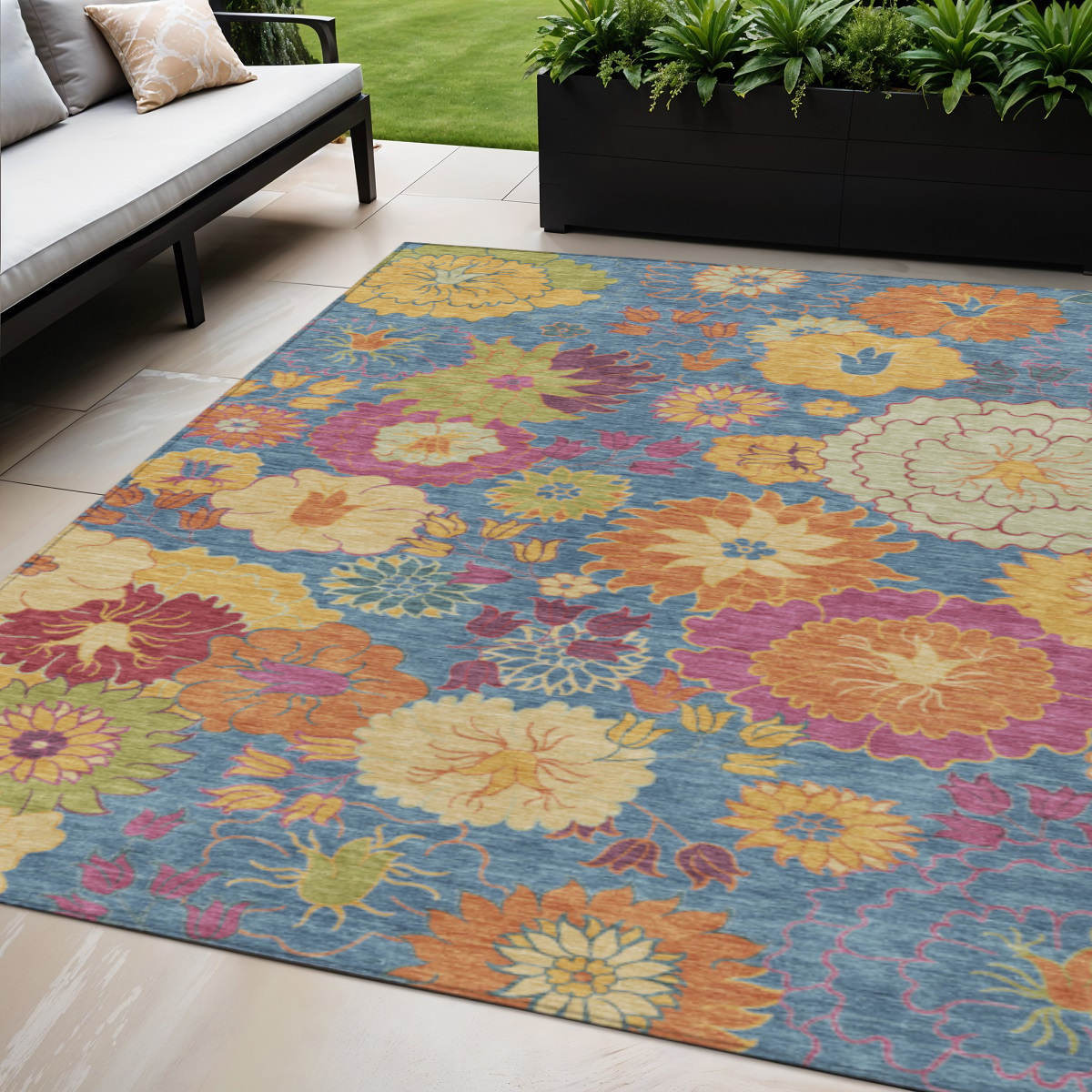 658052 5 x 8 ft. Blue Gold & Pink Floral Washable Transitional Indoor & Outdoor Rectangle Area Rug