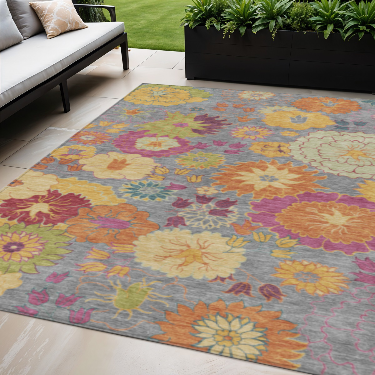 658064 5 x 8 ft. Gray Gold & Pink Floral Washable Transitional Indoor & Outdoor Rectangle Area Rug