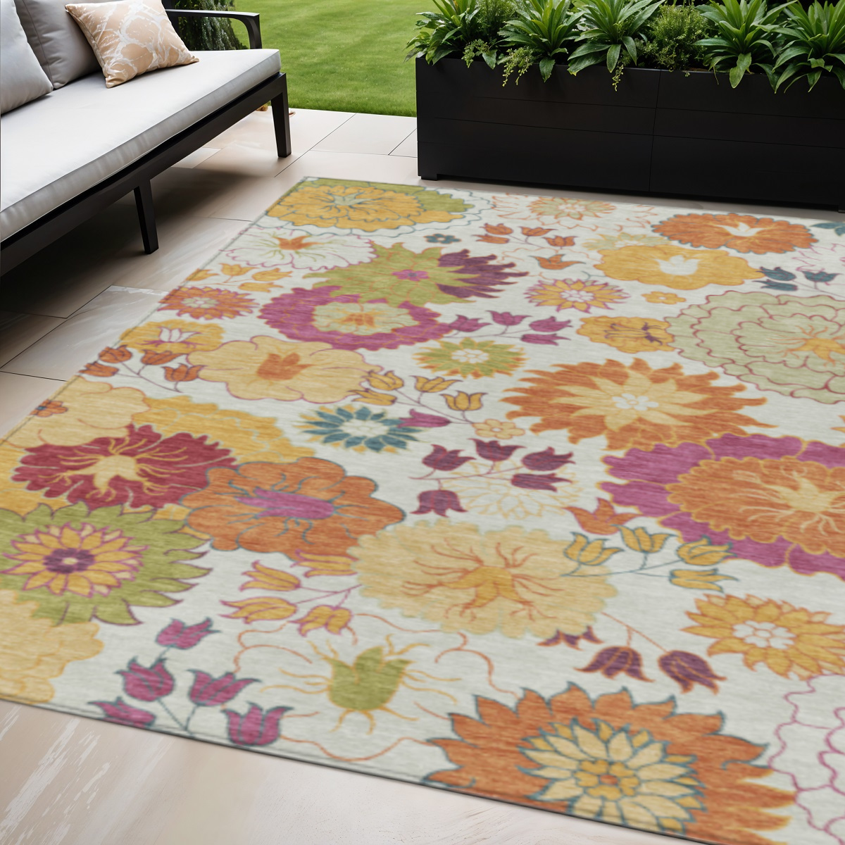 658070 5 x 8 ft. Ivory Gold & Pink Floral Washable Transitional Indoor & Outdoor Rectangle Area Rug