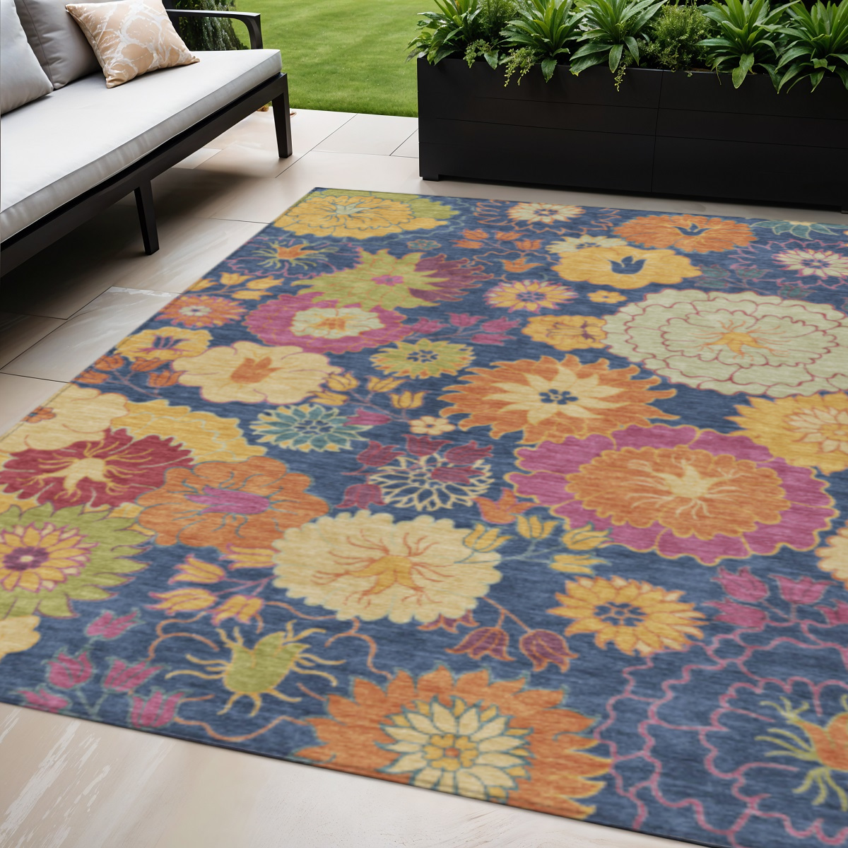 658076 5 x 8 ft. Navy Blue Gold & Pink Floral Washable Transitional Indoor & Outdoor Rectangle Area Rug