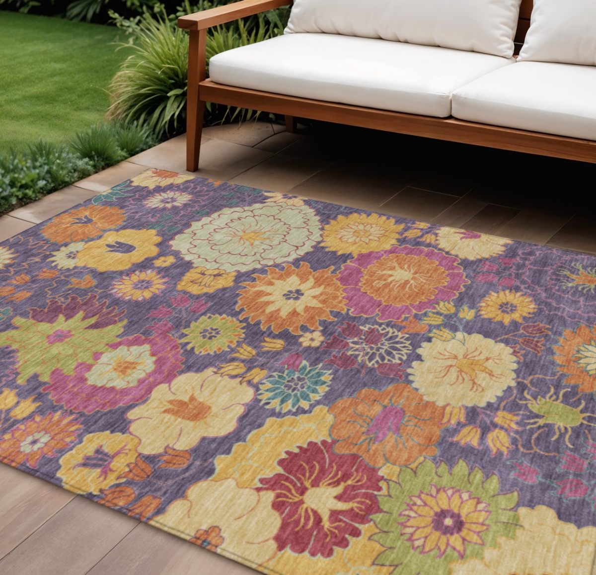 658086 10 x 14 ft. Purple Gold & Pink Floral Washable Transitional Indoor & Outdoor Rectangle Area Rug