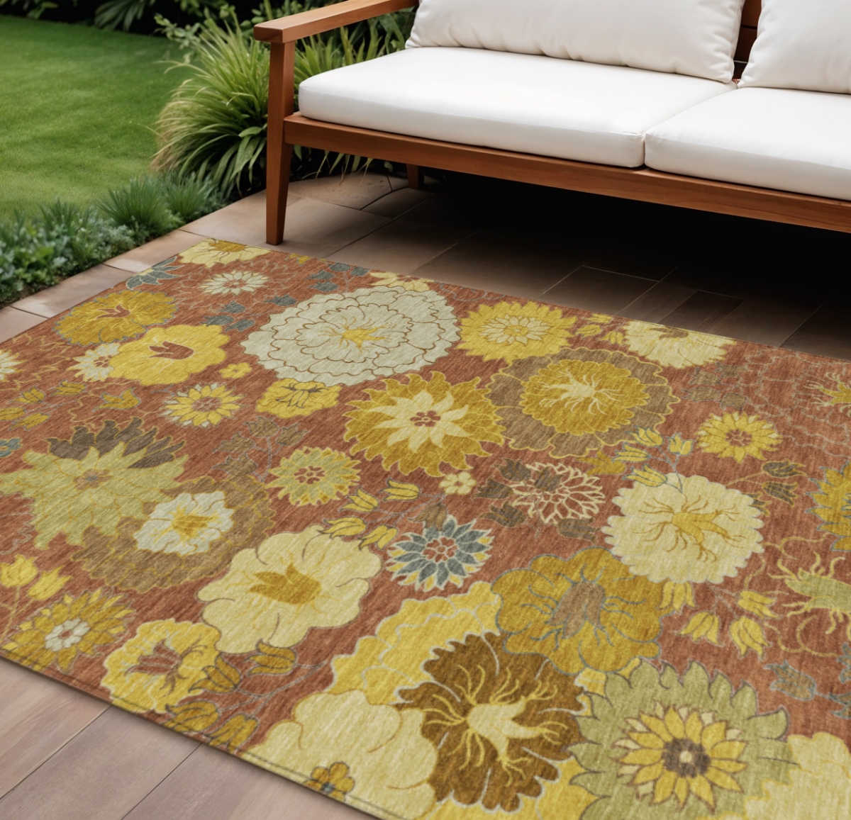 658115 9 x 12 ft. Terra Cotta Gold & Beige Floral Washable Transitional Indoor & Outdoor Rectangle Area Rug