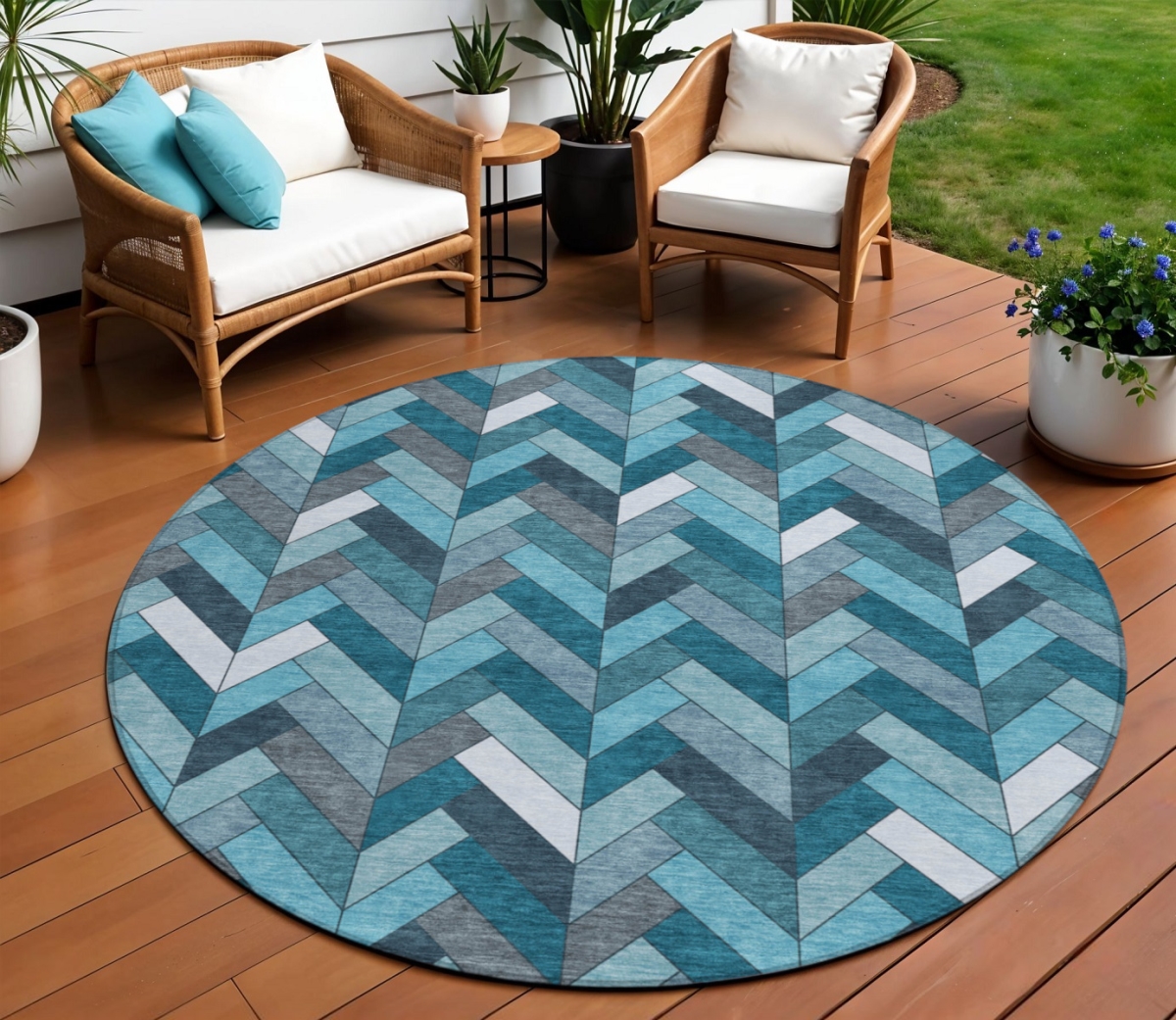 658191 8 ft. Teal, Blue & Ivory Geometric Washable Transitional Indoor & Outdoor Round Area Rug