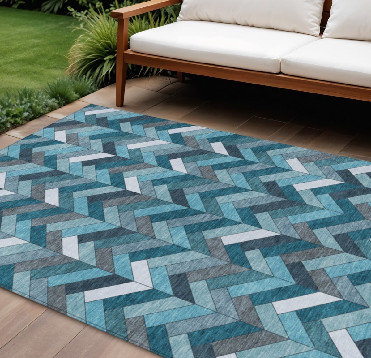658192 8 x 10 ft. Teal, Blue & Ivory Geometric Washable Transitional Indoor & Outdoor Rectangle Area Rug