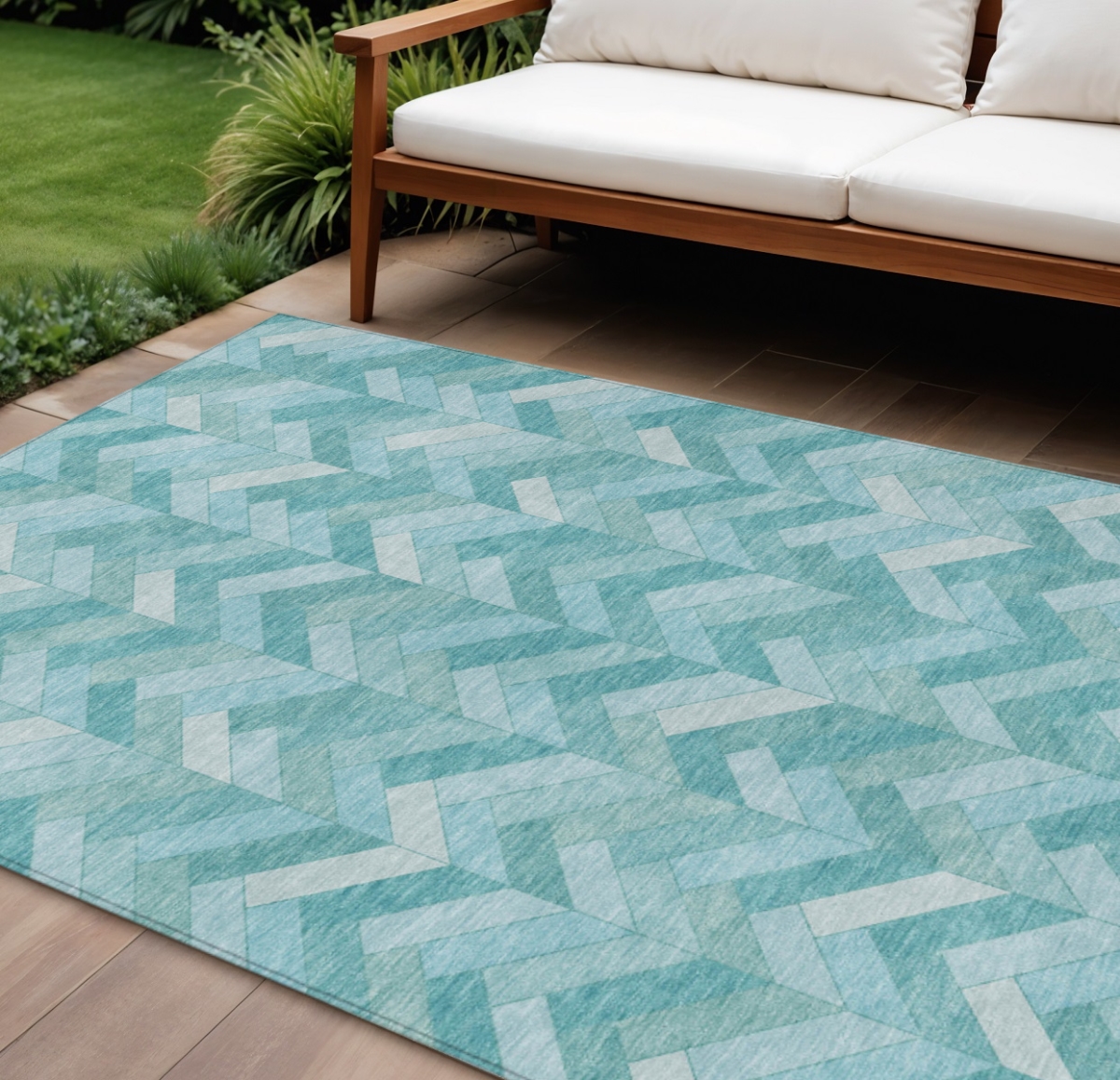 658200 10 x 14 ft. Aqua & Ivory Geometric Washable Transitional Indoor & Outdoor Rectangle Area Rug