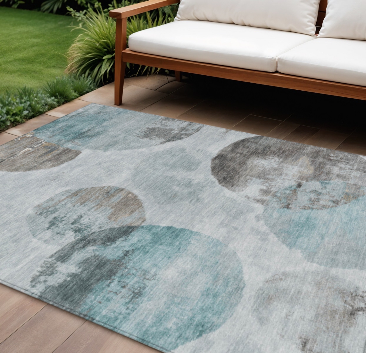 660804 10 x 14 ft. Teal Blue, Ivory & Taupe Abstract Washable Contemporary Indoor & Outdoor Rectangle Area Rug