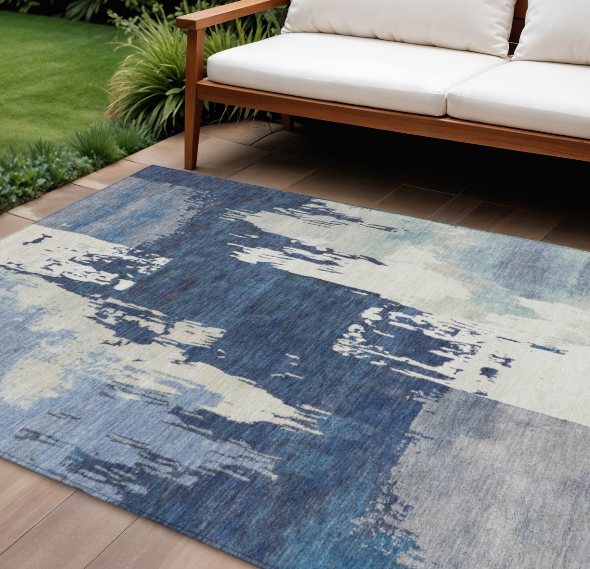660816 10 x 14 ft. Blue & Ivory Abstract Washable Contemporary Indoor & Outdoor Rectangle Area Rug