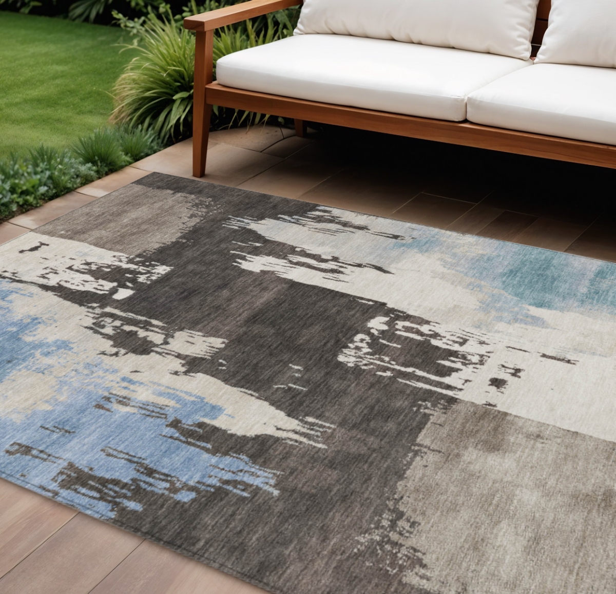 660822 10 x 14 ft. Brown Ivory & Blue Abstract Washable Contemporary Indoor & Outdoor Rectangle Area Rug
