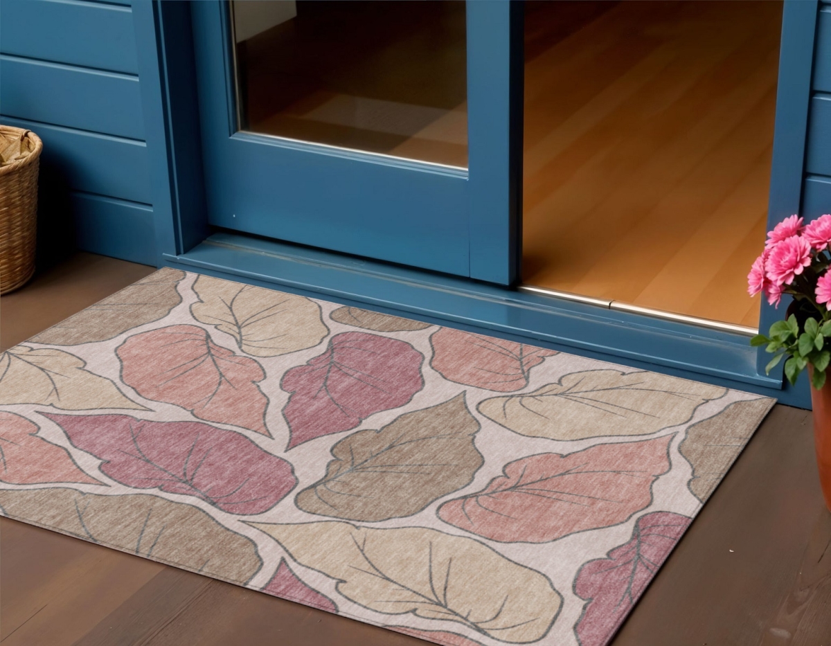 660853 3 x 5 ft. Blush & Ivory Botanical Leaves Washable Transitional Indoor & Outdoor Rectangle Area Rug