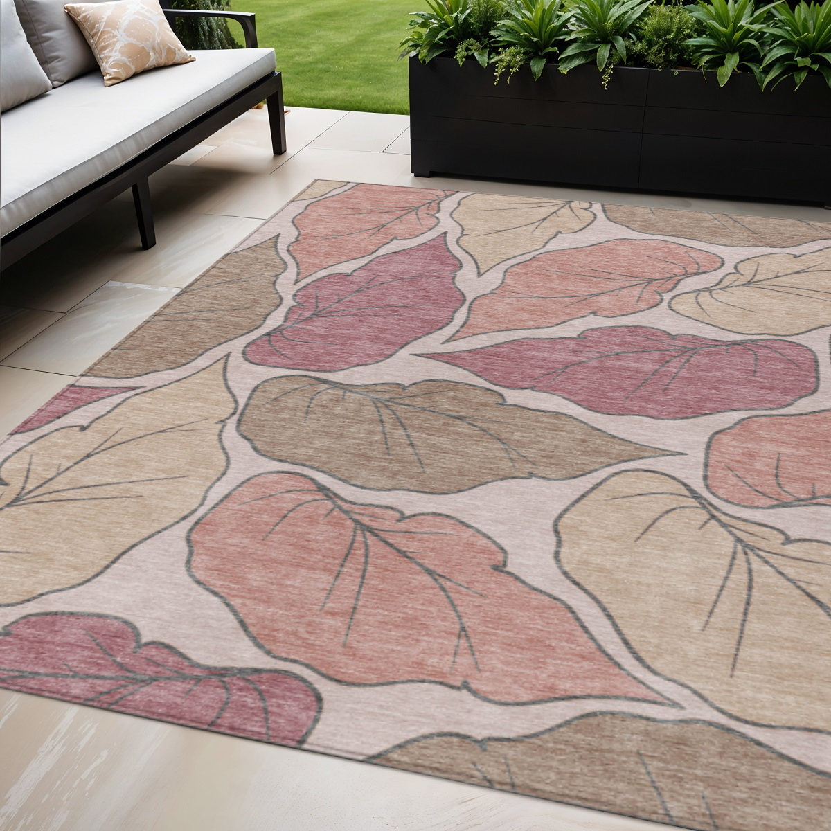 660854 5 x 8 ft. Blush & Ivory Botanical Leaves Washable Transitional Indoor & Outdoor Rectangle Area Rug