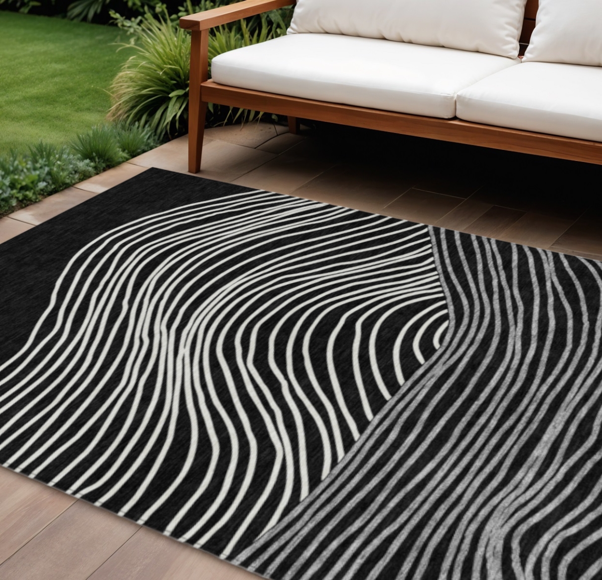 660948 10 x 14 ft. Black, Ivory & Gray Striped Washable Transitional Indoor & Outdoor Rectangle Area Rug