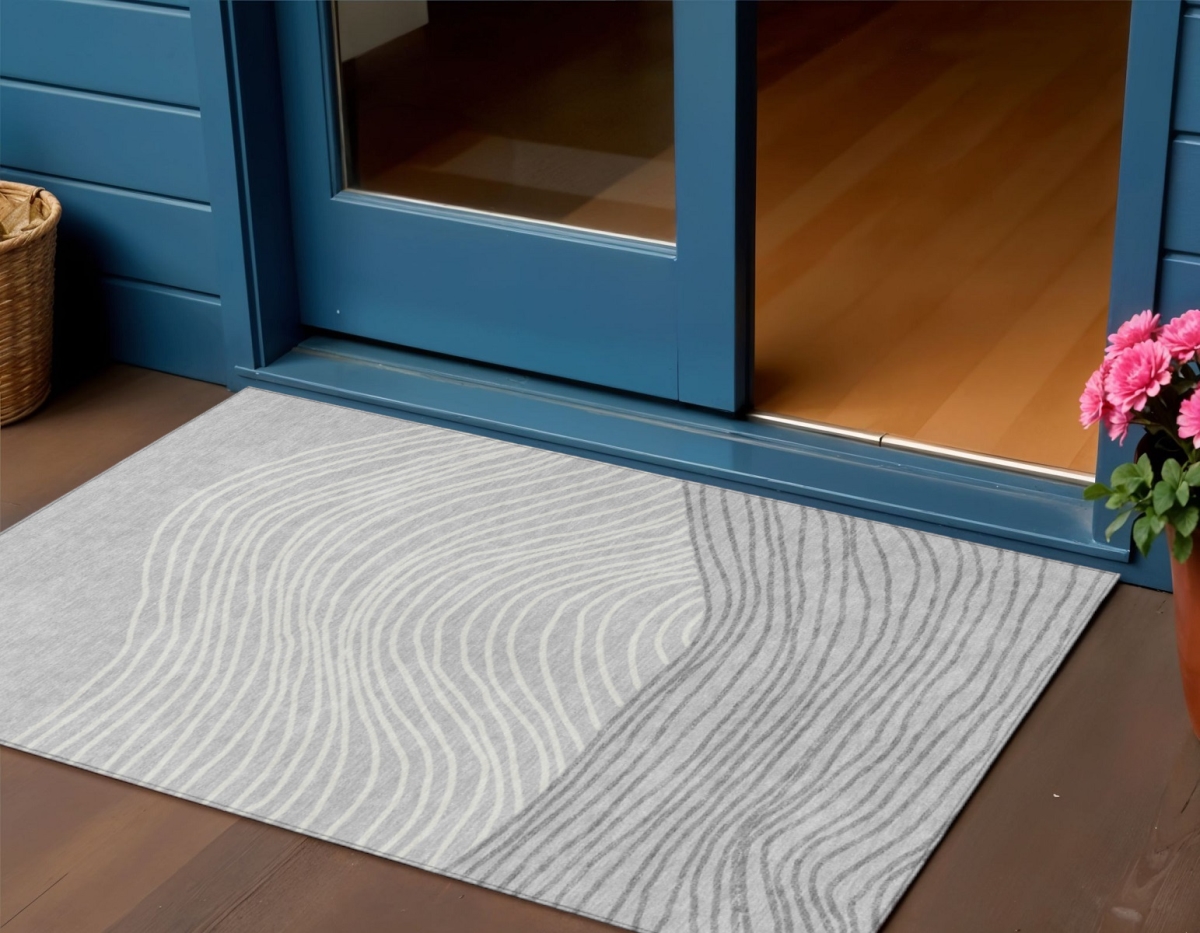 660955 3 x 5 ft. Gray & Ivory Striped Washable Transitional Indoor & Outdoor Rectangle Area Rug
