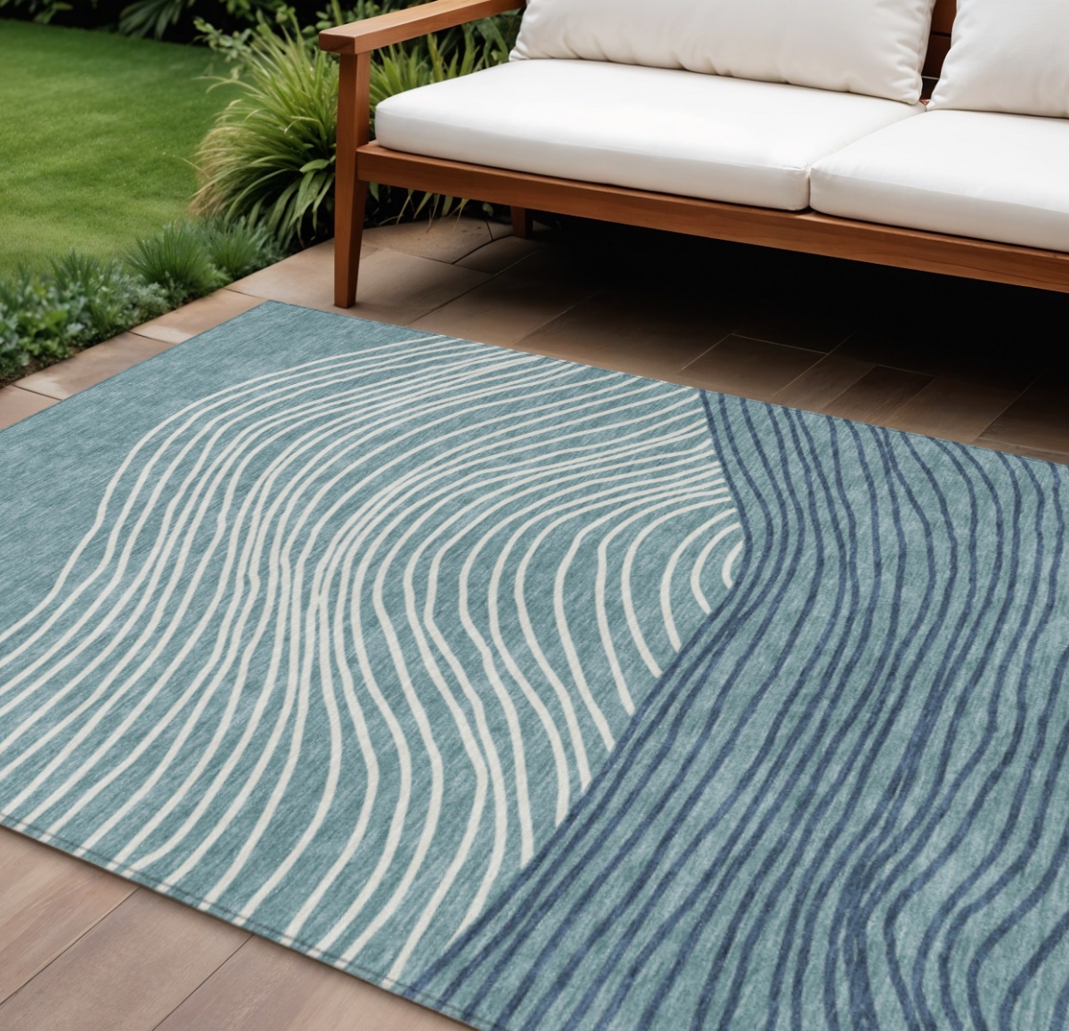660984 10 x 14 ft. Teal, Blue & Ivory Striped Washable Transitional Indoor & Outdoor Rectangle Area Rug