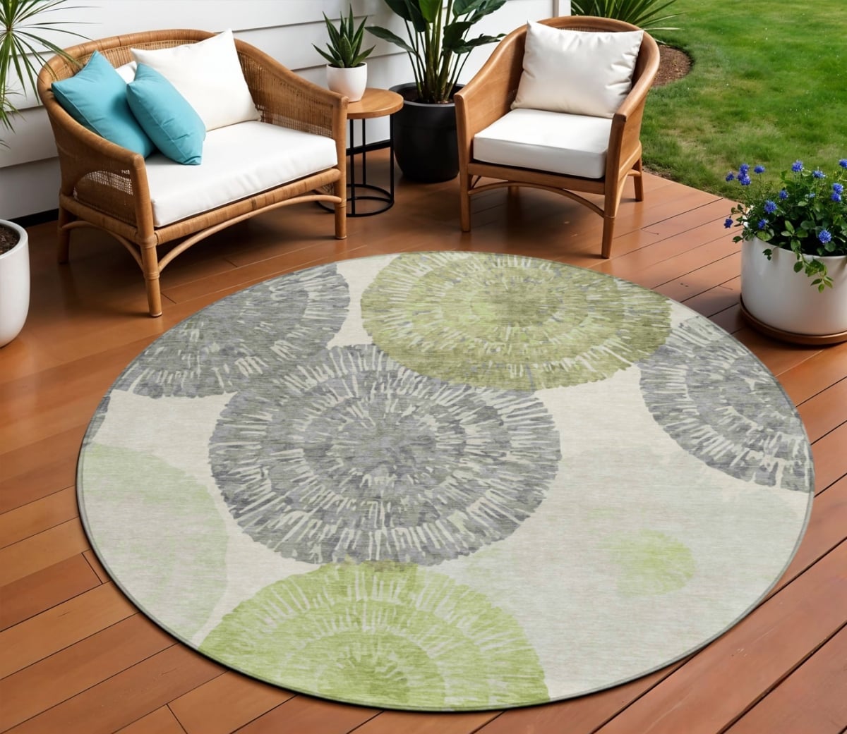 660987 8 ft. Artichoke Green, Ivory & Gray Abstract Washable Transitional Indoor & Outdoor Round Area Rug