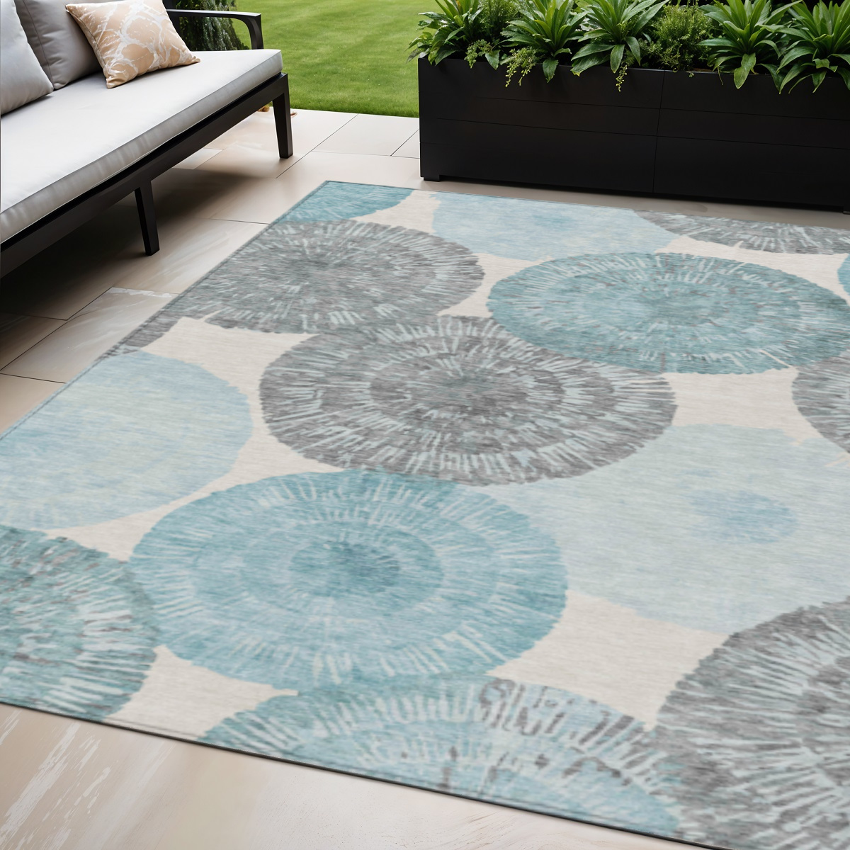 661016 5 x 8 ft. Teal Blue, Ivory & Gray Abstract Washable Transitional Indoor & Outdoor Rectangle Area Rug