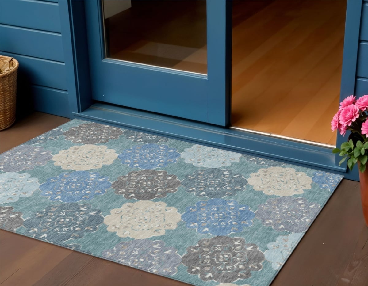 661111 3 x 5 ft. Teal, Blue & Beige - Ivory Quatrefoil Washable Transitional Indoor & Outdoor Rectangle Area Rug