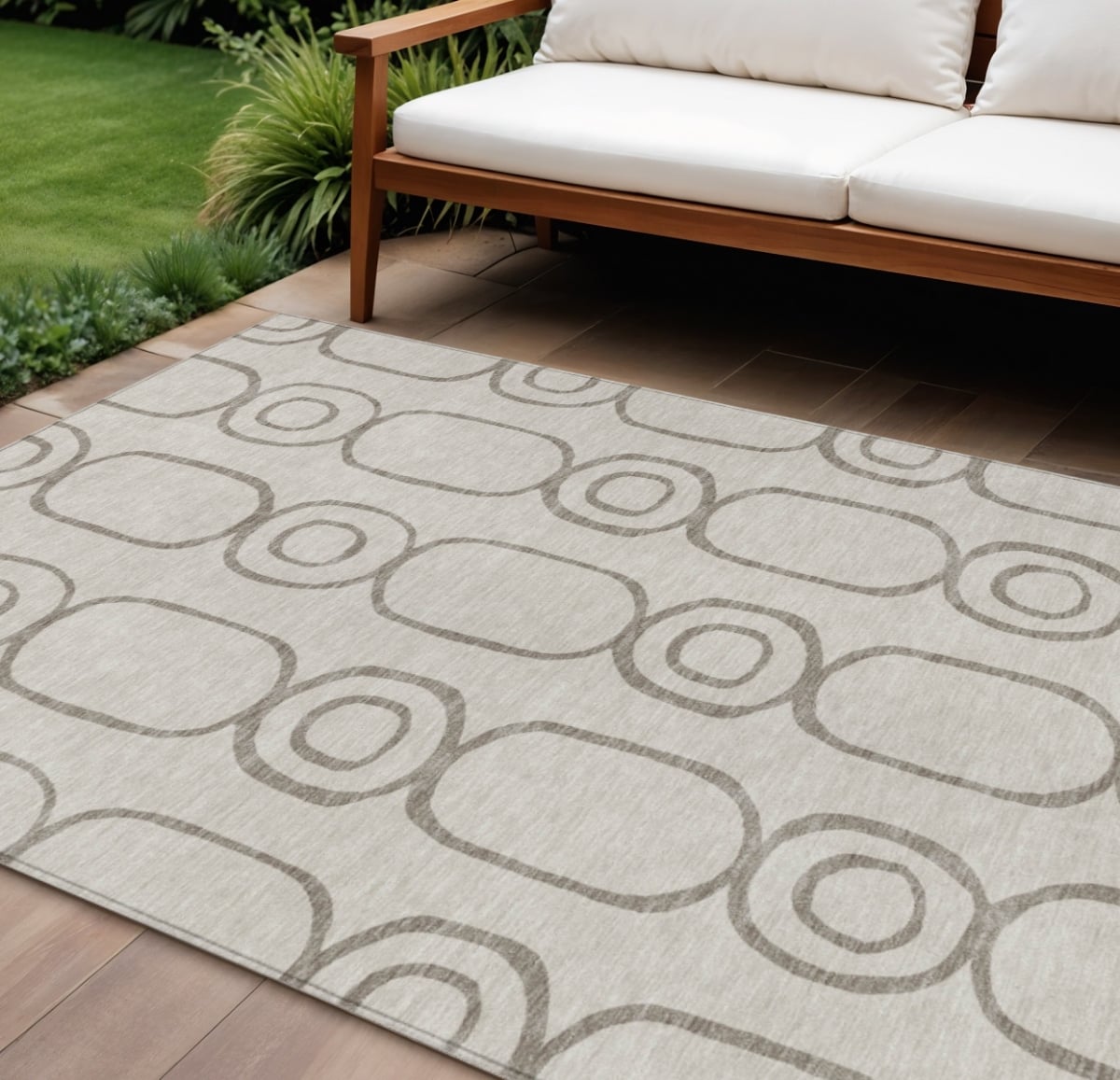 660640 8 x 10 ft. Taupe, Beige & Ivory Geometric Washable Transitional Indoor & Outdoor Rectangle Area Rug