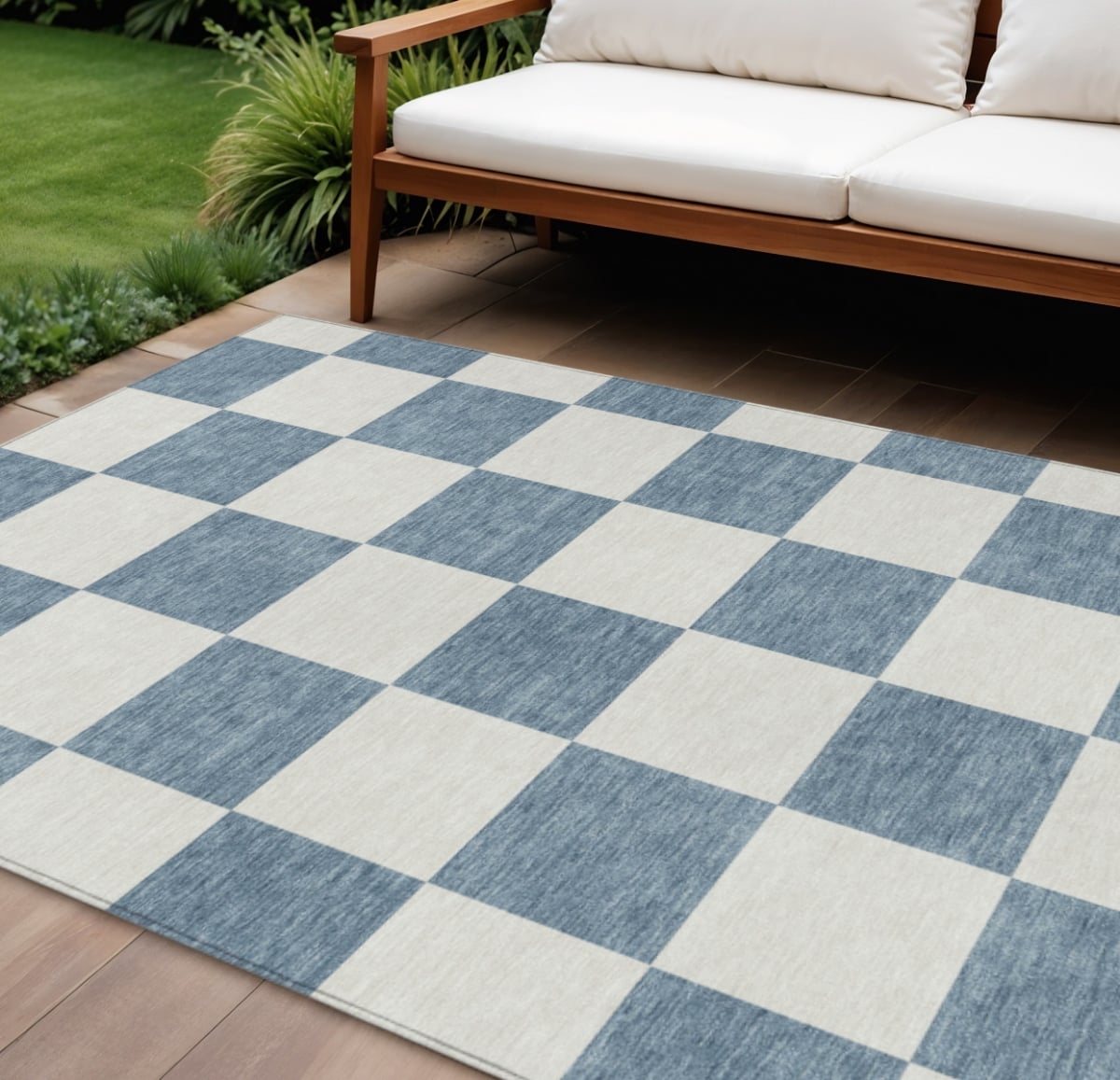 660688 8 x 10 ft. Denim Blue & Ivory Geometric Washable Transitional Indoor & Outdoor Rectangle Area Rug