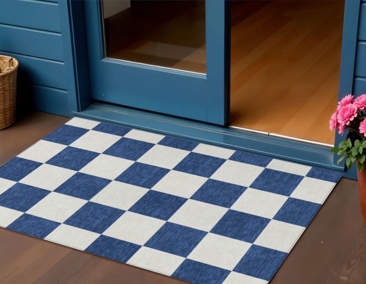 660721 3 x 5 ft. Navy Blue & Ivory Geometric Washable Transitional Indoor & Outdoor Rectangle Area Rug