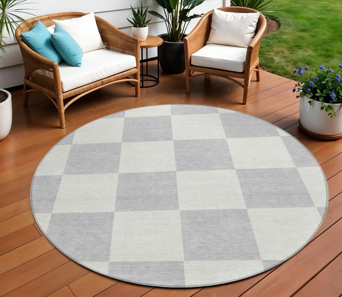 660747 8 ft. Silver & Ivory Geometric Washable Transitional Indoor & Outdoor Round Area Rug