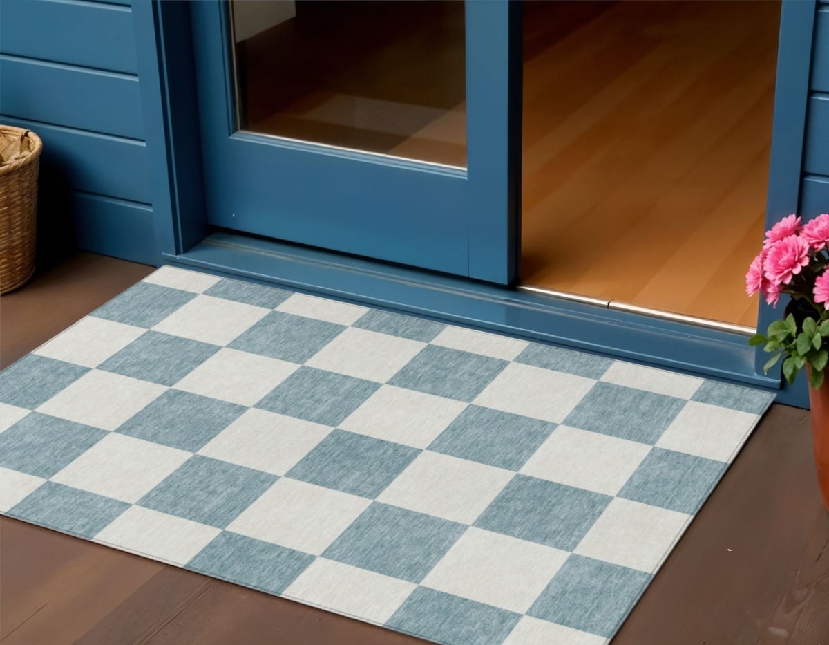 660763 3 x 5 ft. Teal, Blue & Ivory Geometric Washable Transitional Indoor & Outdoor Rectangle Area Rug