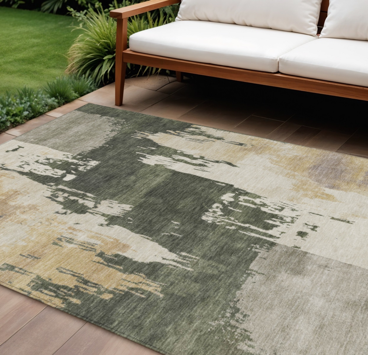 660840 10 x 14 ft. Olive Green, Ivory & Tan Abstract Washable Contemporary Indoor & Outdoor Rectangle Area Rug