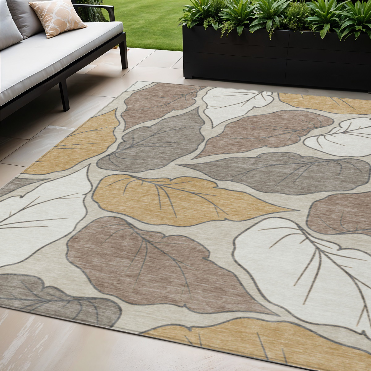 660866 5 x 8 ft. Linen Ivory & Brown Botanical Leaves Washable Transitional Indoor & Outdoor Rectangle Area Rug