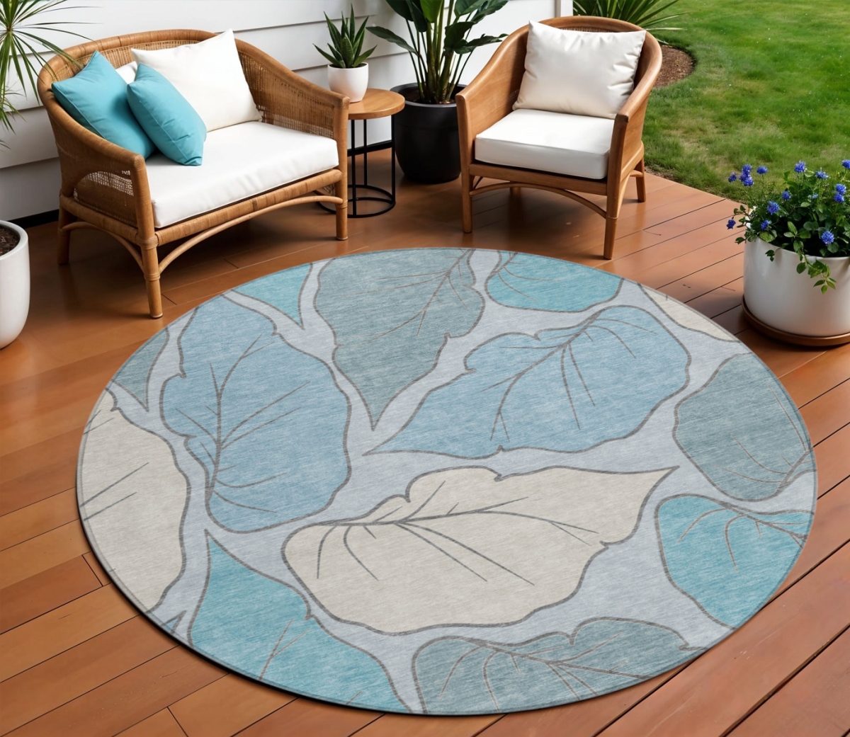 660879 8 ft. Teal, Blue & Ivory Botanical Leaves Washable Transitional Indoor & Outdoor Round Area Rug
