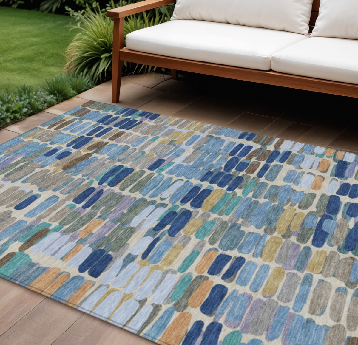 660906 10 x 14 ft. Denim Blue Wheat & Beige Abstract Washable Transitional Indoor & Outdoor Rectangle Area Rug