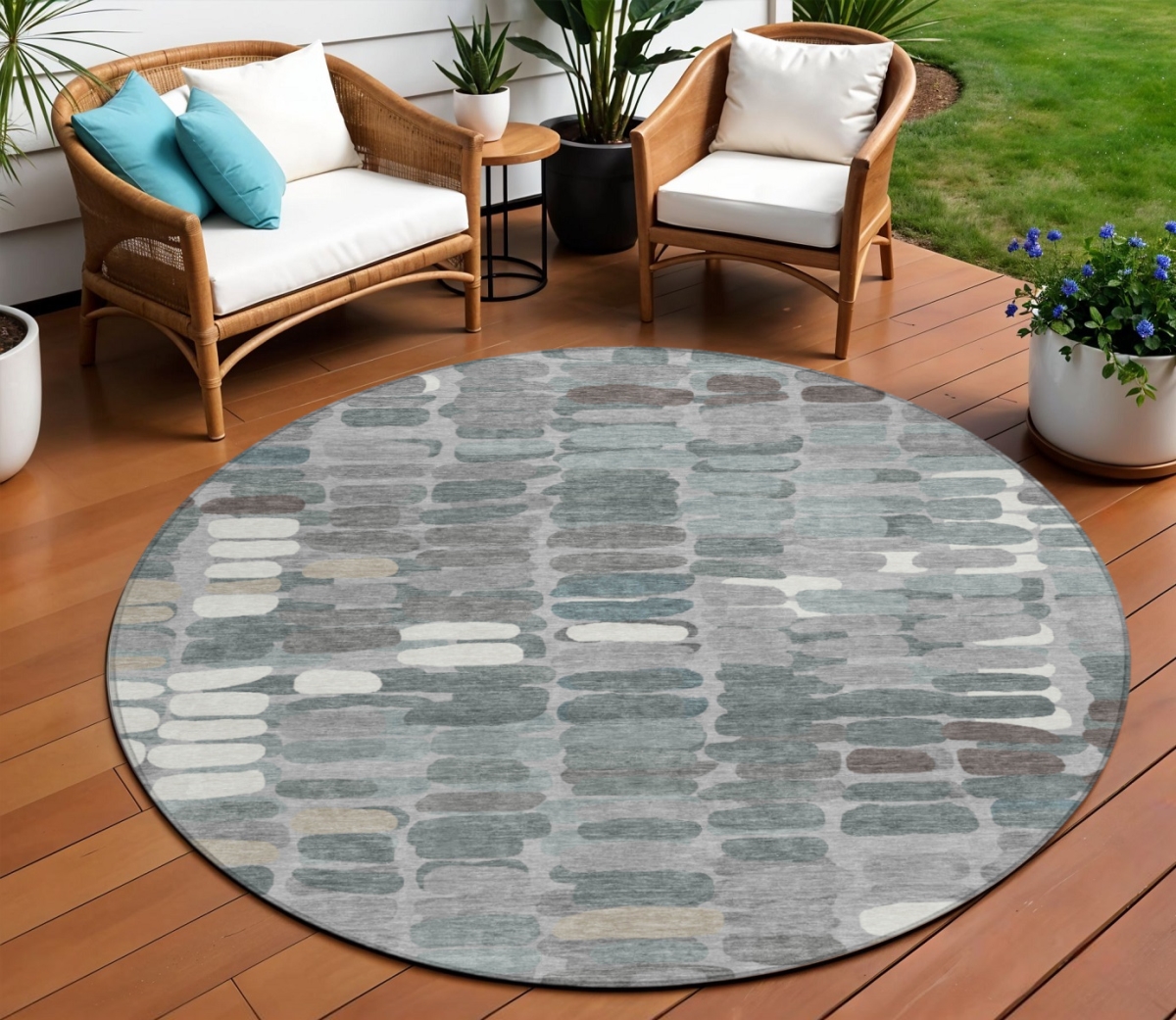 660909 8 ft. Gray, Ivory & Pewter Abstract Washable Transitional Indoor & Outdoor Round Area Rug