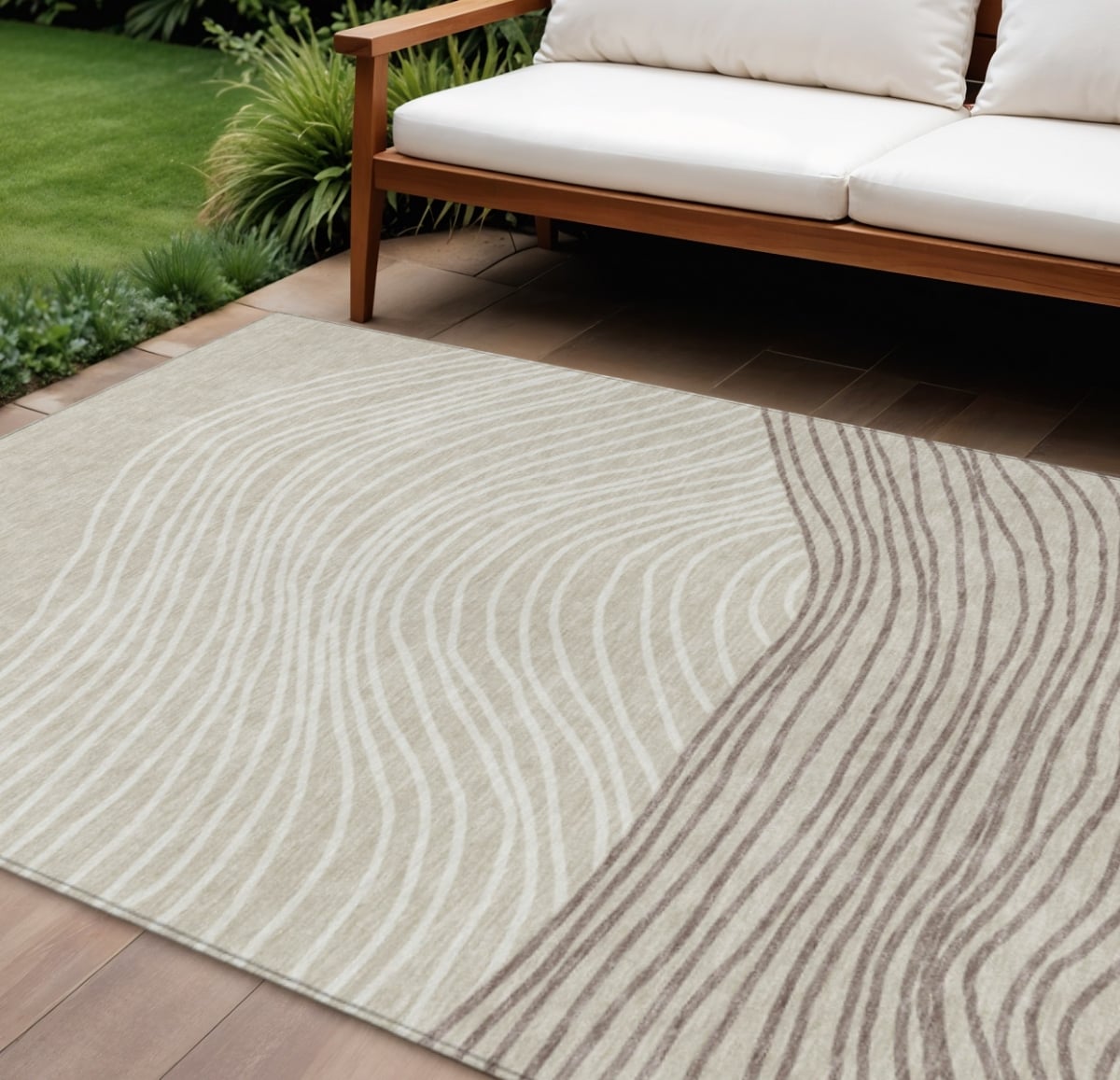 660941 9 x 12 ft. Beige, Ivory & Brown Striped Washable Transitional Indoor & Outdoor Rectangle Area Rug