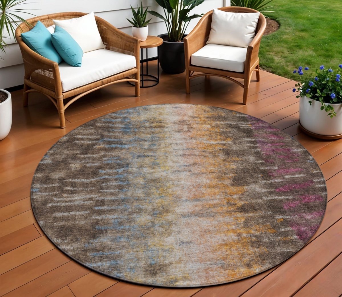 659086 8 ft. Chocolate, Orange & Purple Abstract Washable Transitional Indoor & Outdoor Round Area Rug