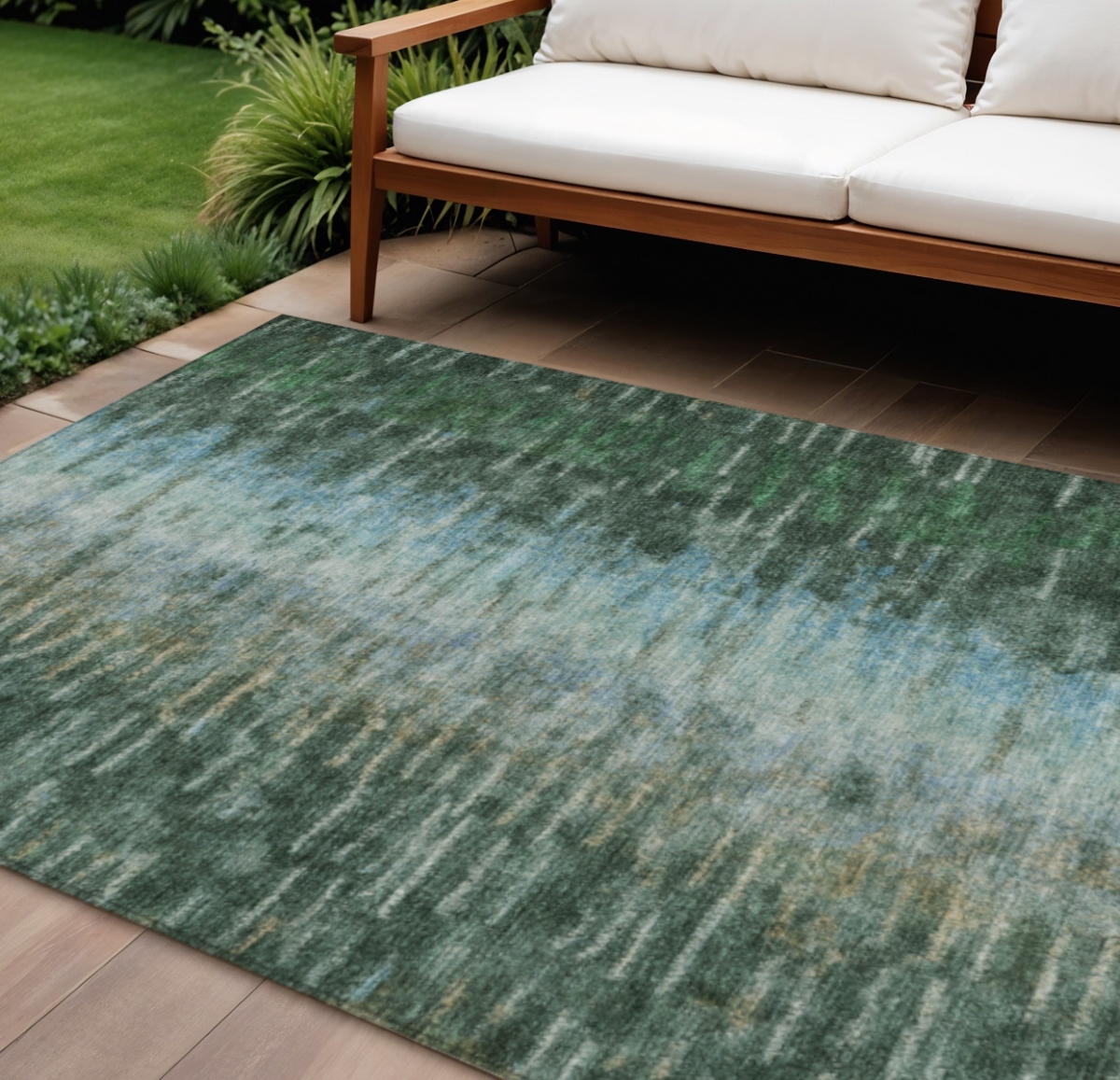 659101 10 x 14 ft. Emerald Teal, Blue & Ivory Abstract Washable Transitional Indoor & Outdoor Rectangle Area Rug