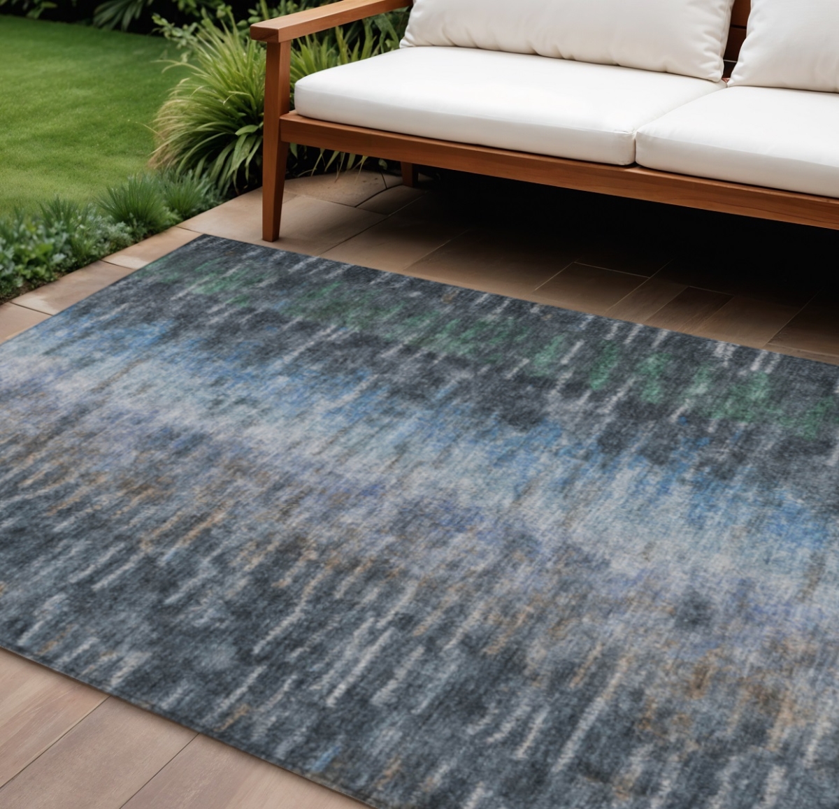 659125 10 x 14 ft. Teal, Blue & Gray Abstract Washable Transitional Indoor & Outdoor Rectangle Area Rug