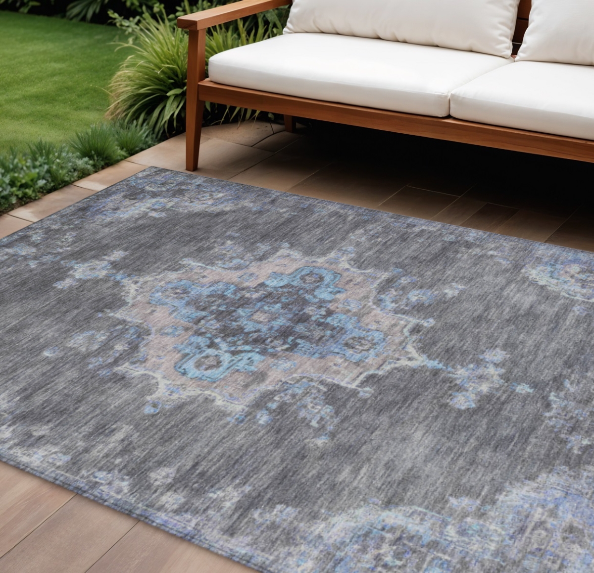 659208 9 x 12 ft. Graphite & Blue Medallion Washable Traditional Indoor & Outdoor Rectangle Area Rug